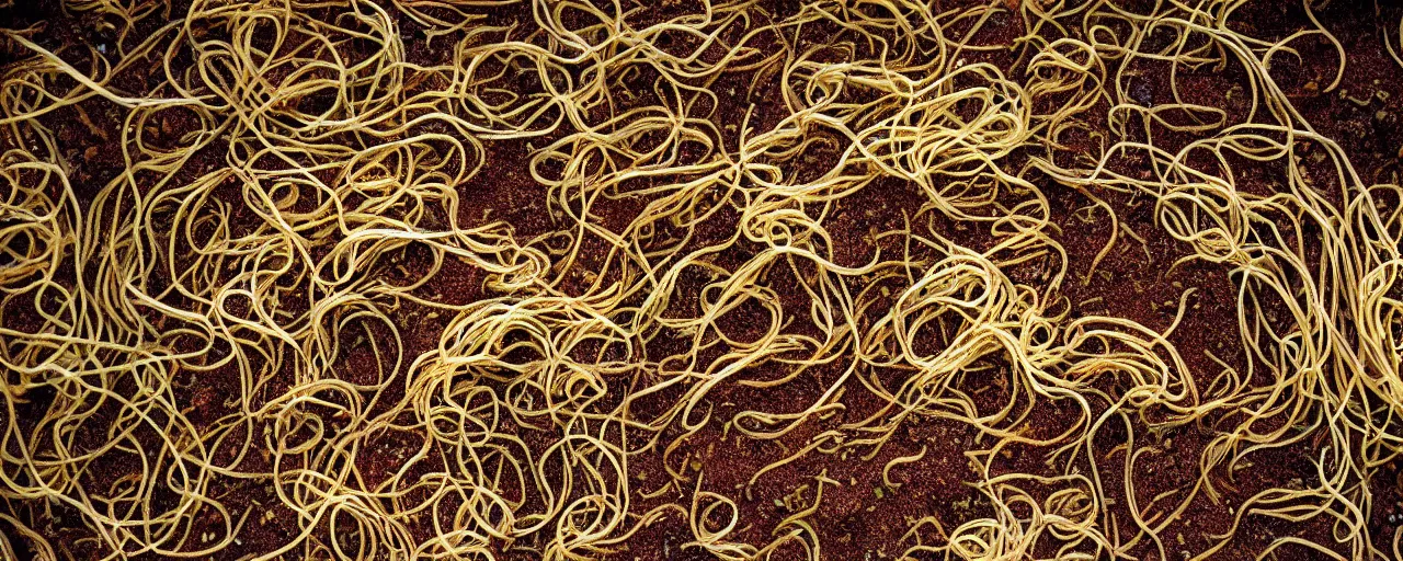 Image similar to spaghettis as mycelium, under the dirt, fine detail, canon 5 0 mm, in the style wes anderson, kodachrome