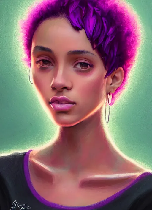 Image similar to portrait of teenage vanessa morgan with bright pink hair, black girl, curly pixie cut hair, wearing a purple breton cap, breton cap, hoop earrings, intricate, elegant, glowing lights, highly detailed, digital painting, artstation, concept art, smooth, sharp focus, illustration, art by wlop, mars ravelo and greg rutkowski