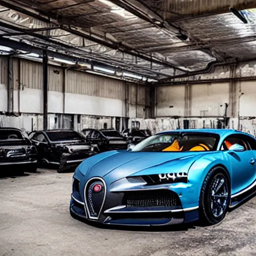 Image similar to an abandoned, derelict, rusty bugatti chiron in a dirty warehouse