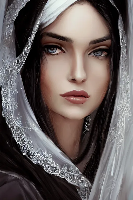 Image similar to Ameera al-Taweel, blue eyes, long wavy black hair, white veil, closeup, focus face, elegant, highly detailed, centered, digital painting, artstation, concept art