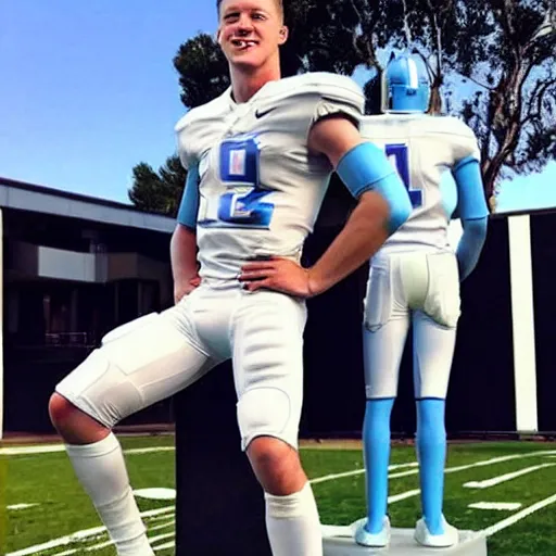 Image similar to “ a realistic detailed photo of a guy who is an attractive humanoid who is half robot and half humanoid, who is a male android, football player christian mccaffrey, shiny skin, posing like a statue, blank stare, on the field, on display ”