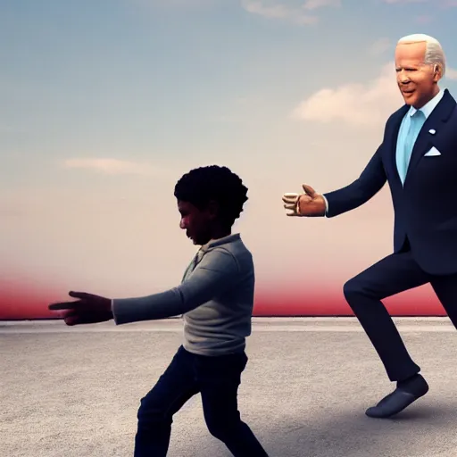 Image similar to a statue of joe biden chasing a child, octane render, 3 d render, 4 k, hyper realistic, super detailed.