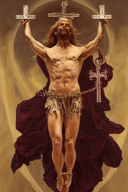 Image similar to fullbody!! dynamic action pose, christ with the head of a scaly cold blooded reptilian lizard holding a holy cross in his claws, intricate, elegant, highly detailed, digital painting, artstation, concept art, smooth, sharp focus, illustration, art by artgerm and greg rutkowski and alphonse mucha