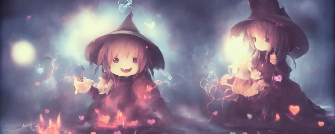 Prompt: cute fumo plush anime girl goth witch ghostly ethereal stirring a cauldron, hearts < 3, wisps vortices of fiery smoke swallowing the frame, grainy and fine detailed, bokeh f / 2. 5, polaroid technicolor, vray, artstation