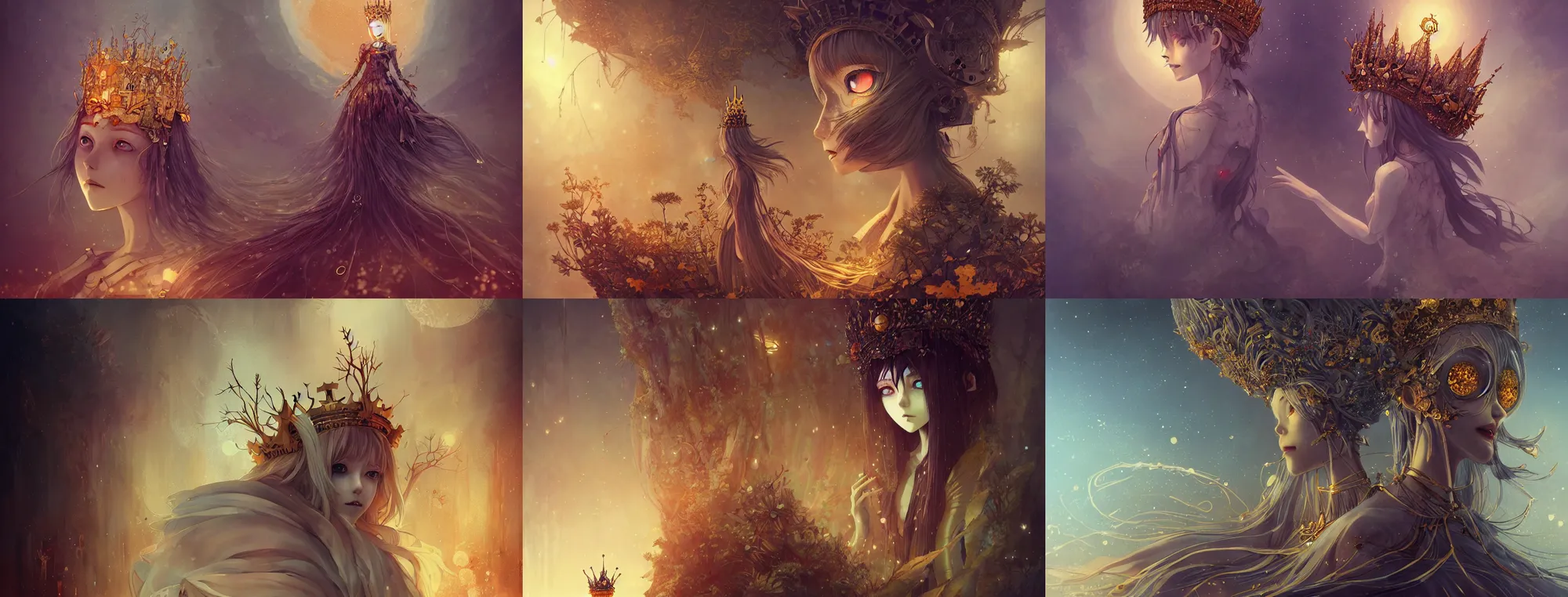 Prompt: detailed, sharp, dreaming humanoid gothic female automata floating wearing golden crown above ruined dystopia by Anna Dittmann and by studio ghibli . digital art. surreal. featured on art station. anime arts. featured on Pixiv, HD, 8K, highly detailed, good lighting