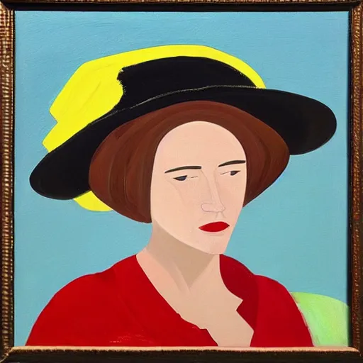 Image similar to woman with hat, by Alex Katz, colorful, oil on canvas