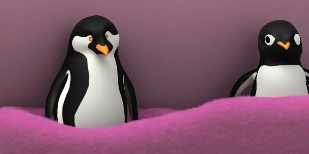 Image similar to realistic penguin in an pink fluffy bed, unreal 5