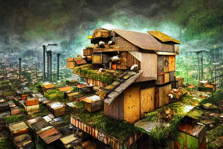 Prompt: favela fungus beehive, wooded environment, industrial factory, cheerful, award winning art, epic dreamlike fantasy landscape, ultra realistic,