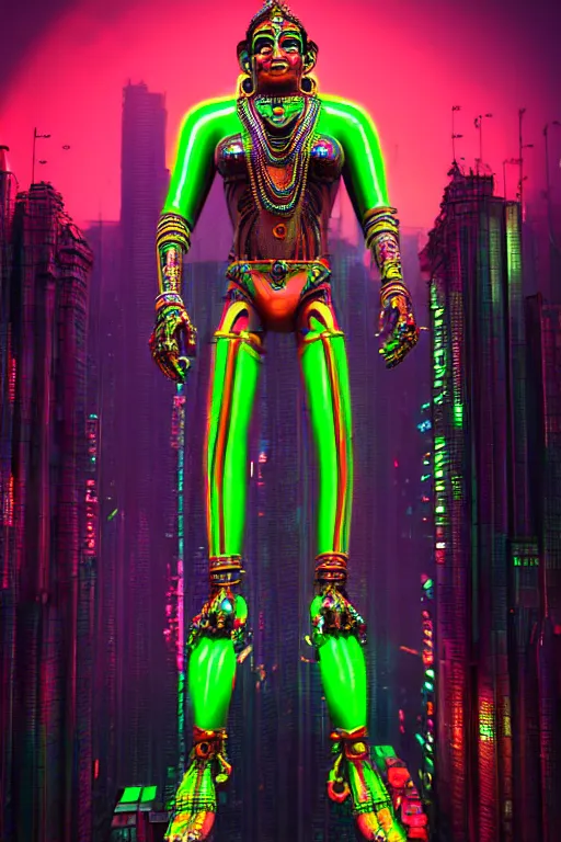 Image similar to high quality 3 d render neon cyborg!! hanuman! madhubani, highly detailed, cyberpunk mumbai in the background, unreal engine cinematic smooth, in the style of solaris, hannah yata charlie immer, moody light, low angle, uhd 8 k, sharp focus