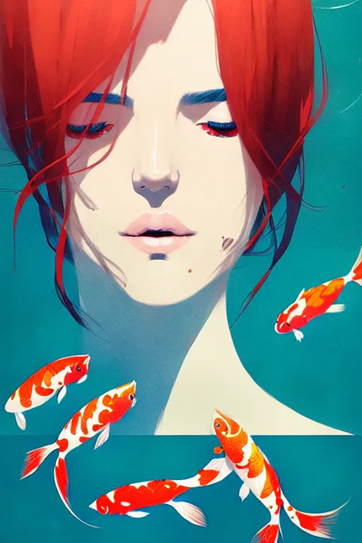 Image similar to a ultradetailed beautiful portrait panting of a stylish woman surrounded by floating koi fish, by conrad roset, greg rutkowski and makoto shinkai, trending on artstation