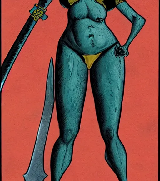 Image similar to 1 9 8 0 s fantasy novel book cover, bbw plus size amazonian young julie bowen in extremely tight bikini armor wielding a cartoonishly large sword, exaggerated body features, dark and smoky background, low quality print