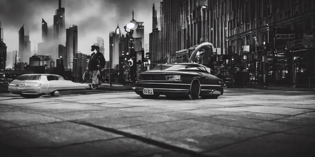 Image similar to retro futuristic car, city, atmospheric, hazy, cinematic, dark lighting, underexposed, cinematography by greig fraser,