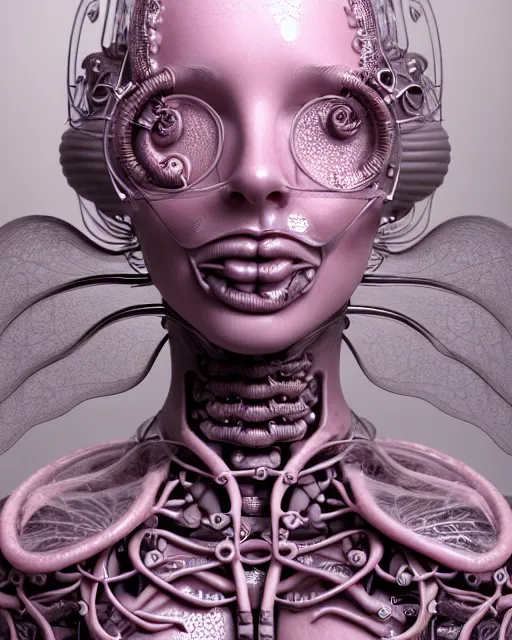 Prompt: mythical dreamy organic bio - mechanical spinal ribbed profile face portrait detail of translucent steampunk beautiful intricated monochrome angelic - human - queen - vegetal - cyborg, highly detailed, intricate translucent pale pink ivy jelly ornate, poetic, translucent roses ornate, 3 d render, digital art, octane render, 8 k artistic photography