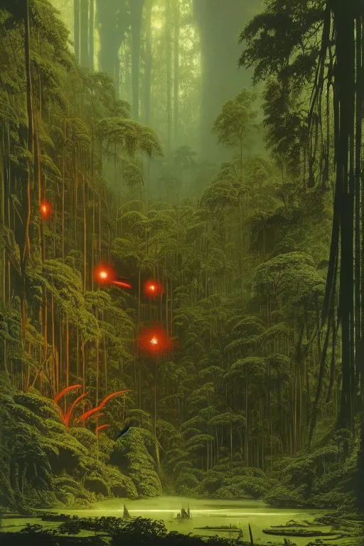 Image similar to emissary green endor jungle ( designated : ix 3 2 4 4 - a ) with small hooded figures with red eyes by arthur haas and bruce pennington and john schoenherr, cinematic matte painting, 8 k, dark color palate