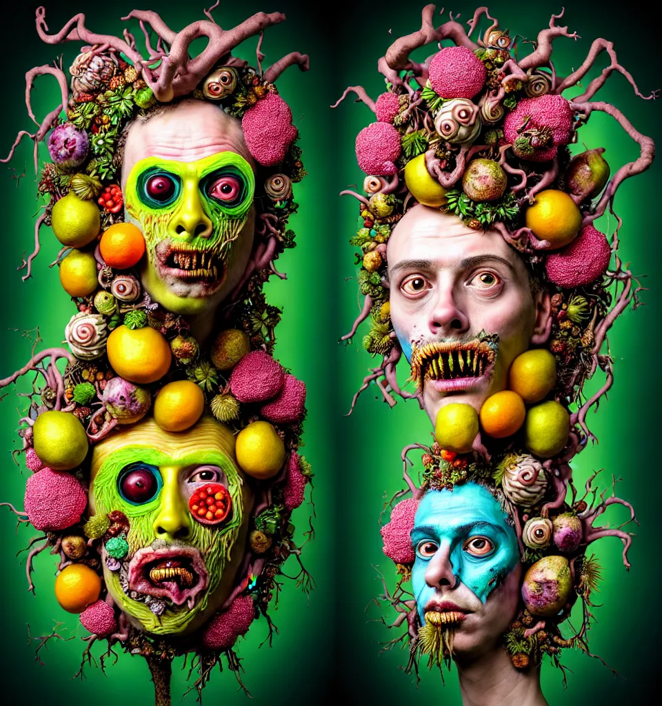Prompt: headshot portrait of a trickster nature zombie, head made of fruit and flowers in the style of arcimboldo, fragonard, covered with tendrils roots and snail shells, oil painting, ethereal, atmospheric lighting, action figure, clay sculpture, claymation, turquoise pink and green, botanical rainbow backdrop