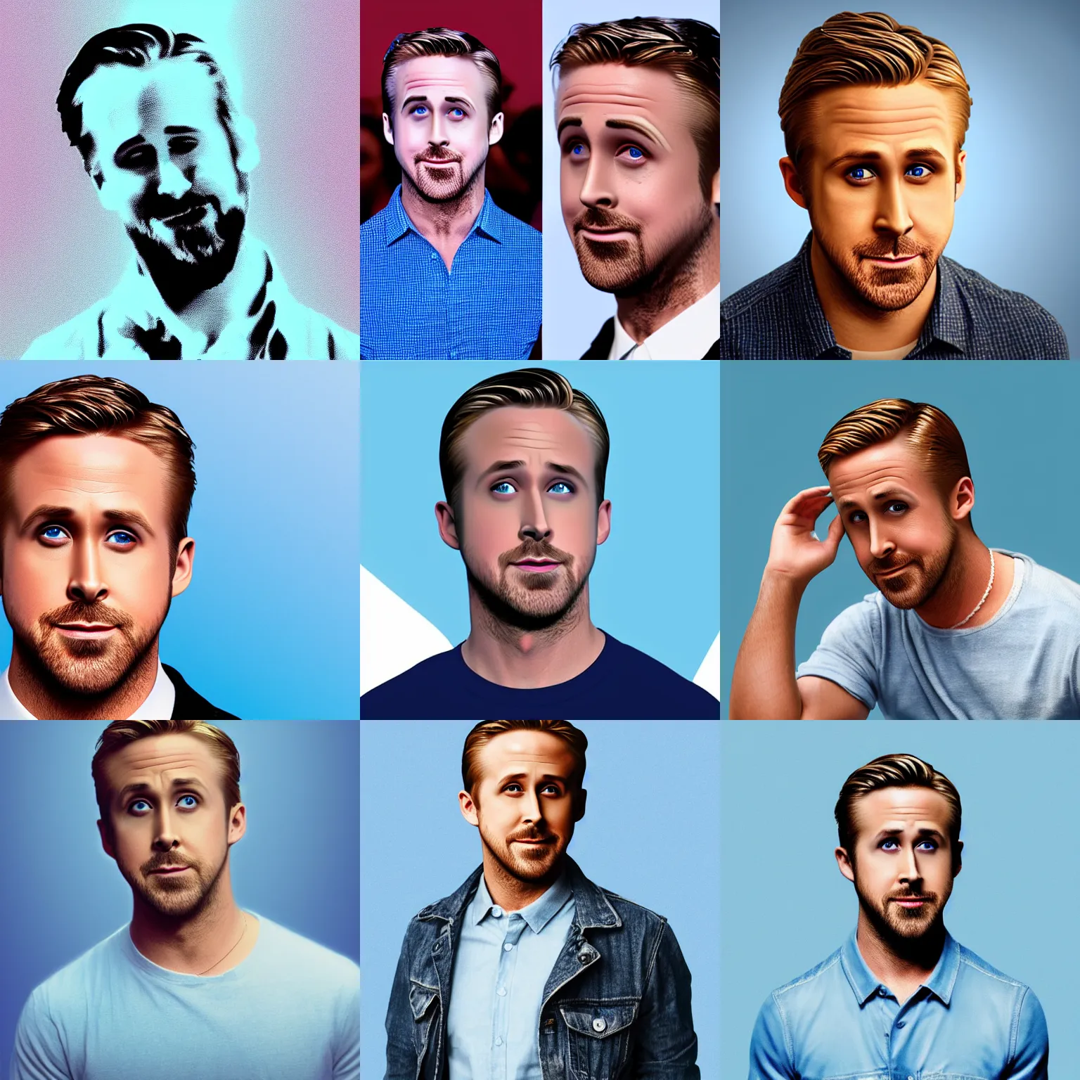 Prompt: Ryan Gosling that looks like a iOS emoji 3D clay render, 4k UHD, light blue background, isometric top down left view, diffuse lighting, zoomed out very far