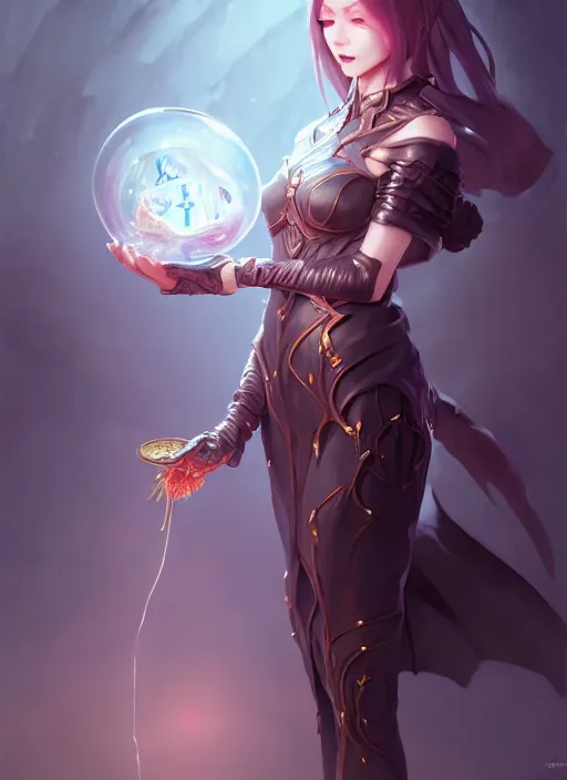 Prompt: dark fantasy female magician, magic orbs, magic water, human anatomy, wide angle view, fullbody view, highly detailed, qichao wang, artgerm, cushart krenz, zeronis, trending on artstation, soft light, sharp edges, illustration, character design, concept art