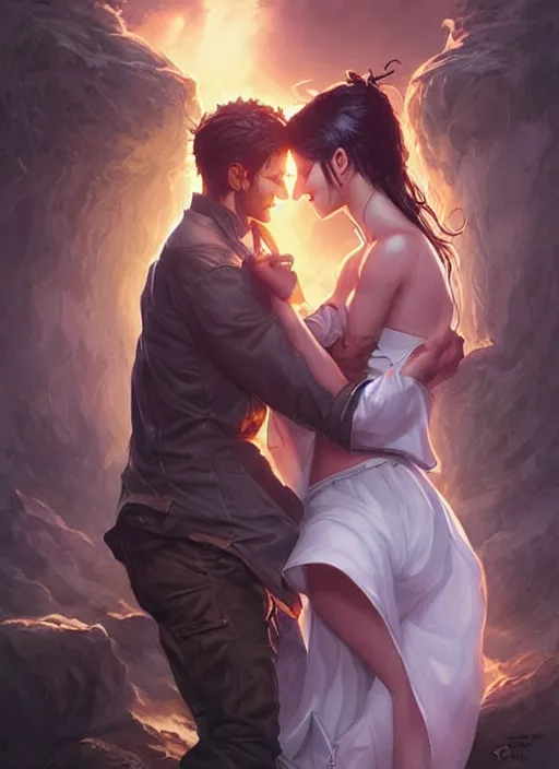 Image similar to cheesy romance novel cover by artgerm and greg rutkowski and magali villanueve