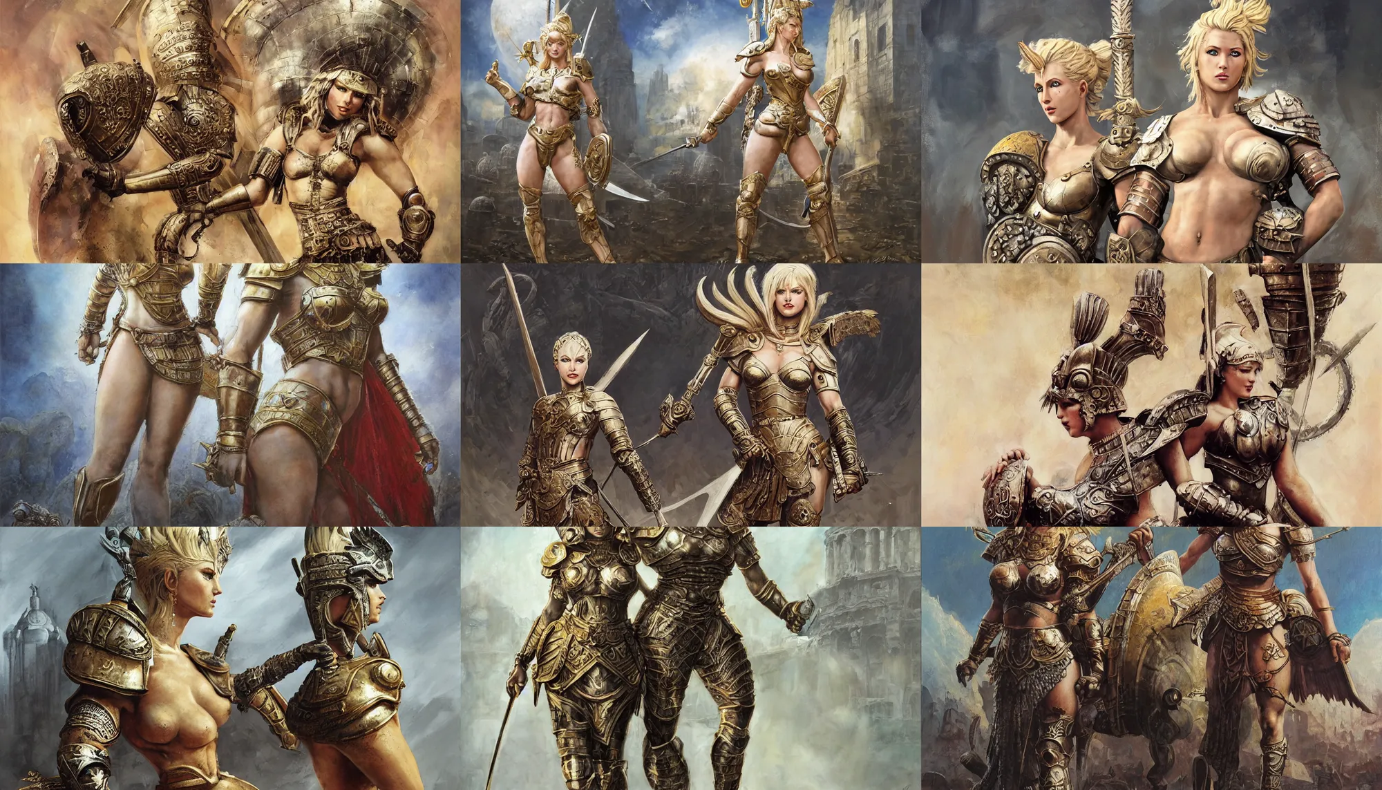 Prompt: A mixed media painting of a beautiful blonde warrior goddess in a coliseum, roman legionary armor, very aesthetic, curvy, detailed face and eyes, by Frank Frazetta, Boris Vallejo, Greg Rutkowski, Beeple, Yoko Taro, Christian MacNevin, epic fantasy character art, roman numerals, high fantasy, CGsociety, full length, exquisite detail, post-processing, masterpiece, cinematic, coliseum backdrop