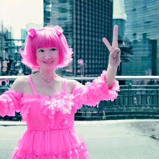 Prompt: joe biden wearing a cute pink frilly dress holding up a peace sign, kawaii, cute pose, anime pose, feminine girly dress, adorable, well lit, ring lit, raytraced, flickr, high quality photograph