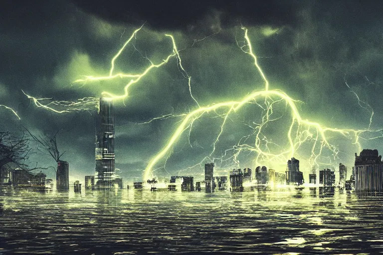 Prompt: monstrous tornado with creeping tendrils looming over a flooded city, flying debris, night, backlit, sprites, hyperdetailed, high contrast, unsplash, artstation