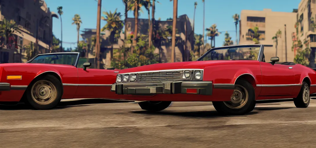 Image similar to front of red 1978 convertible car as a grand theft auto 5 loading screen, front view, very detailed studio photograph, concept art, 4k, sharp focus