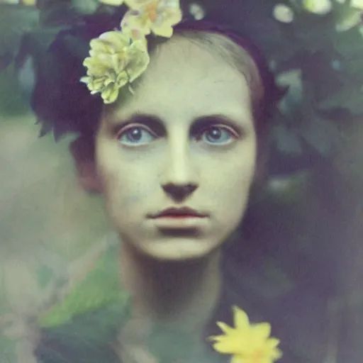 Prompt: portrait photograph of a very beautiful female model. symetric face. in a garden. flowers. autochrome Louis Lumières. detailed eyes. medium shot