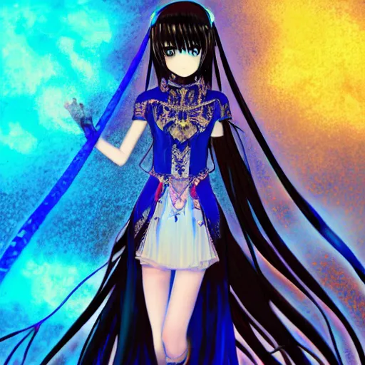 Prompt: a teenage anime girl wearing a very high intricate detailed dress made out of blue fire , full body, very long black/red hair, left eye is yellow and right eye is blue, heterochromatic eyes, intense stare, dress made out of blue fire, cinematic lighting, medium shot, MCU, trending on artstation, CSP, Photoshop, WLOP, Rossdraws, James Jean, Andrei Riabovitchev, Marc Simonetti, Anastasia Ovchinnikova, Véronique Meignaud, BEN MAIER and Sakimichan