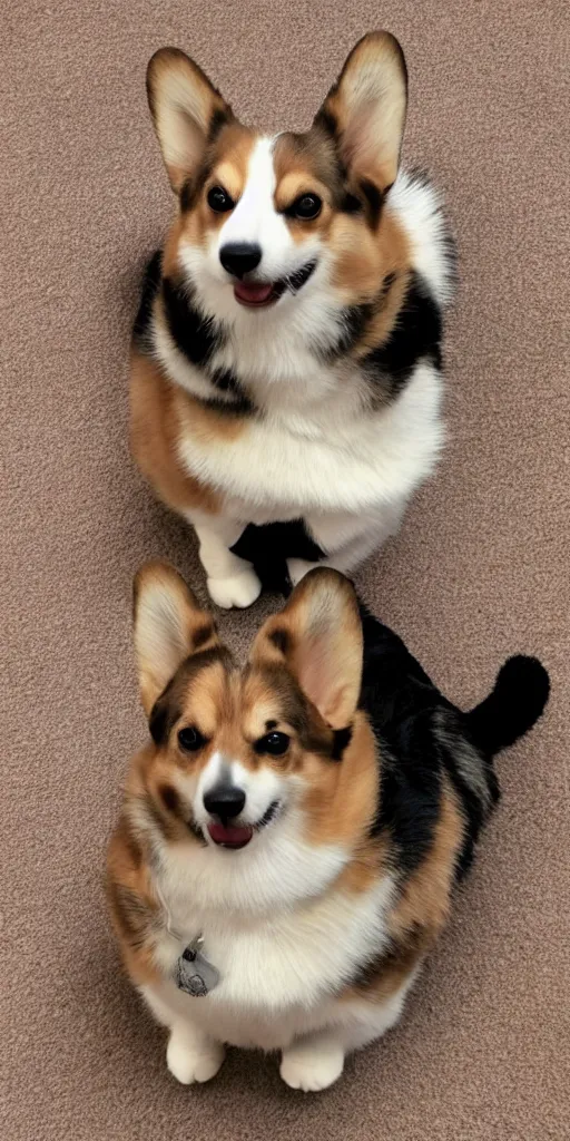 Image similar to corgi weaing saddle, cat at the top, realistic photo