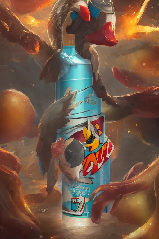 Image similar to duck drinks energy napiokmonstr energy, concept art, wlop, digital painting, trending on artstation, highly detailed, epic composition, official media, 8 k uhd