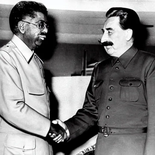 Image similar to stalin shaking hands with thomas sowell