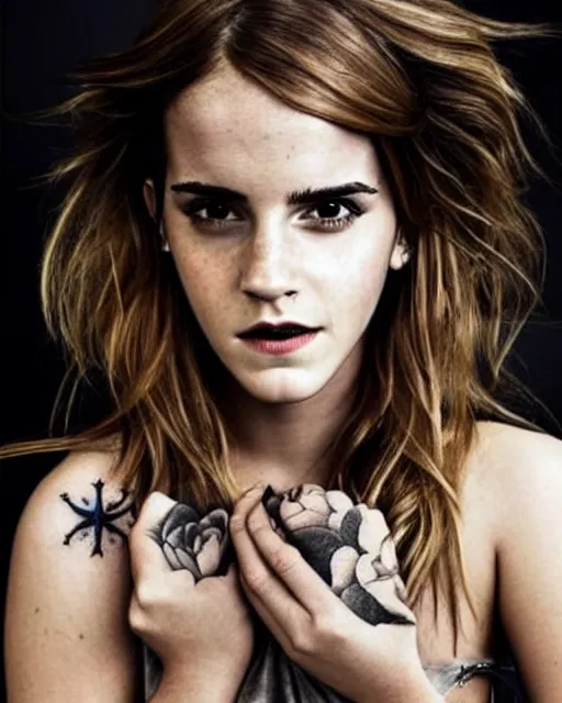 Image similar to emma watson, dope tattoo, hyperrealistic