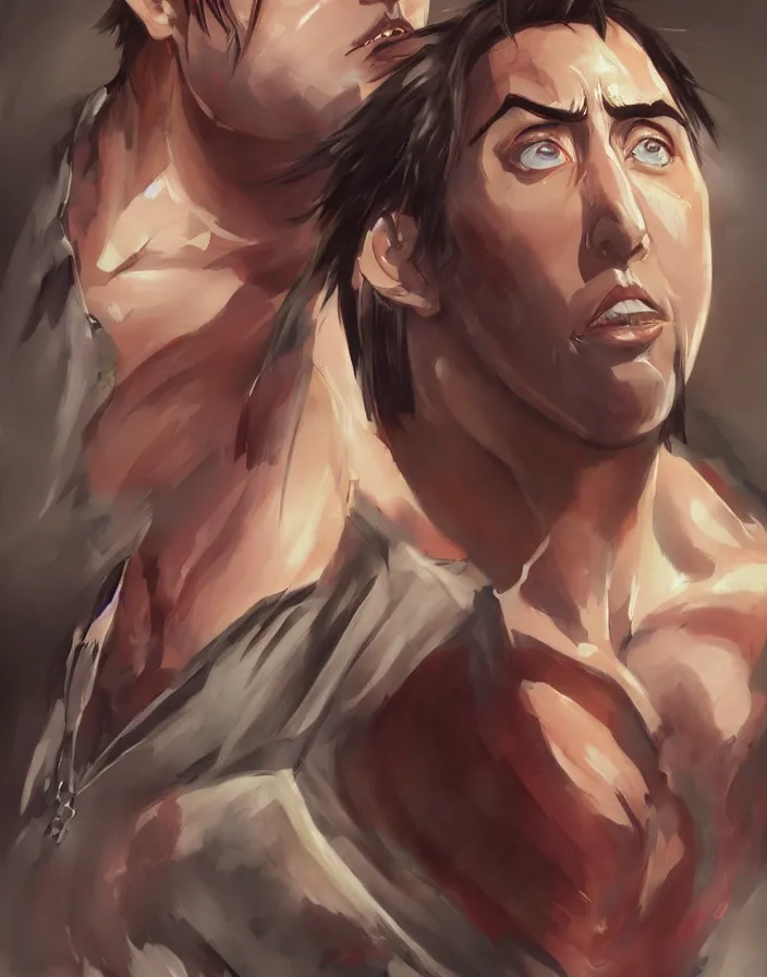 Image similar to anime portrait of nicolas cage as a muscular anime boy by Stanley Artgerm Lau, WLOP, Rossdraws, James Jean, Andrei Riabovitchev, Marc Simonetti, and Sakimichan, trending on artstation