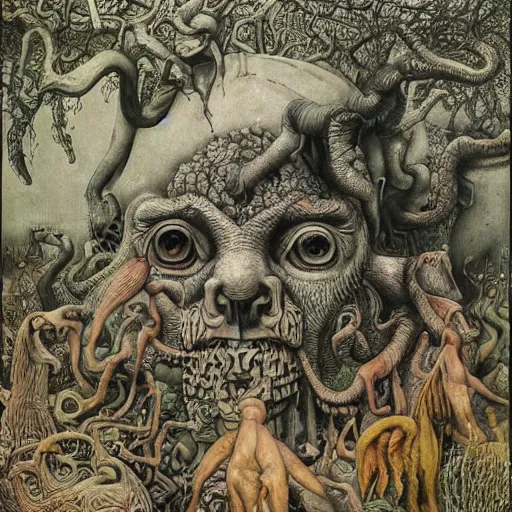 Image similar to in the garden of beasts, very detailed and colorful, by Santiago Caruso, by M.C. Escher, beautiful, eerie, surreal, psychedelic
