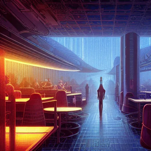 Prompt: futuristic cyberpunk restaurant, interior architecture view, beautiful detailed pixelart by albertov, intricate details, beautiful, dithered gradients, volumetric lighting, cgsociety, artstation, smooth, sharp focus, 2 d illustration, by greg rutkowski, amazing art by dan mumford