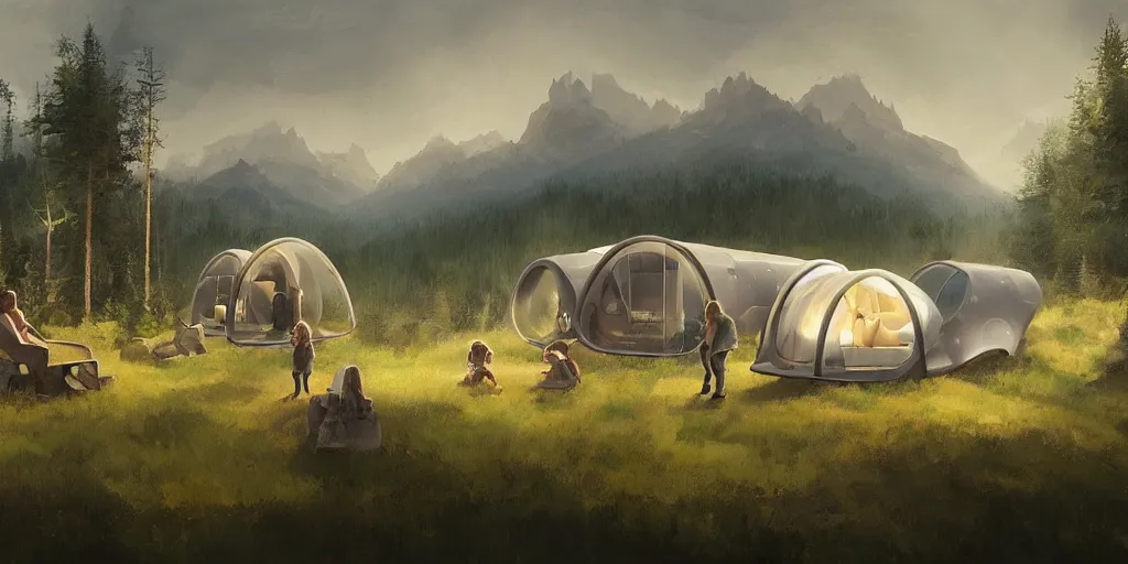 Image similar to cabela's tent futuristic pop up family pod, cabin, modular, person in foreground, mountainous forested wilderness open fields, beautiful views, painterly concept art, joanna gaines, environmental concept art, farmhouse, magnolia, concept art illustration by ross tran, by james gurney, by craig mullins, by greg rutkowski trending on artstation