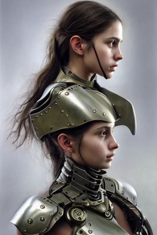 Image similar to a photorealistically painted portrait of an attractive young girl, partially clothed in dull metal-plated battle armor, olive skin, long dark hair, beautiful bone structure, symmetric facial features, perfect eyes, natural physique, intricate, elegant, digital painting, concept art, finely detailed, beautifully illustrated, sharp focus, minimal artifacts, from Metal Gear, by Ruan Jia and Mandy Jurgens and Artgerm and William-Adolphe Bouguerea, in the style of Greg Rutkowski, trending on Artstation, award winning