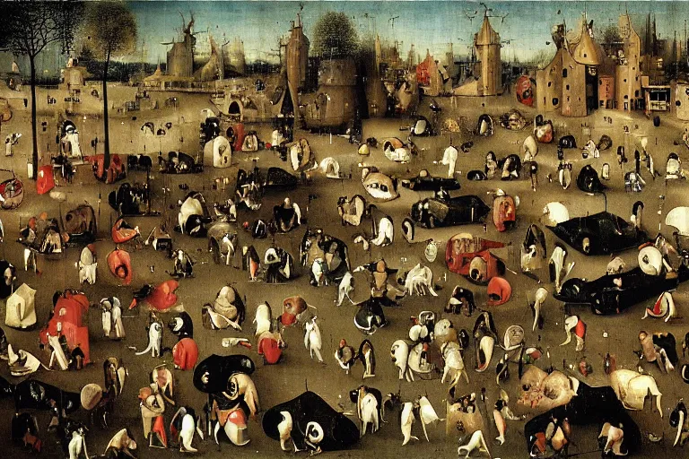 Image similar to urban parking lot painted by hieronymus bosch