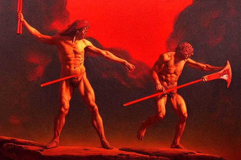 Image similar to only with red, a red melted apollo with a laurel wreath and a flaming sword announce the win, athens in the background, in the style of beksinski, part by hopper, part by rodcenko, part by hofbauer, intricate composition, red by caravaggio, insanely quality, highly detailed, masterpiece, red light, artstation