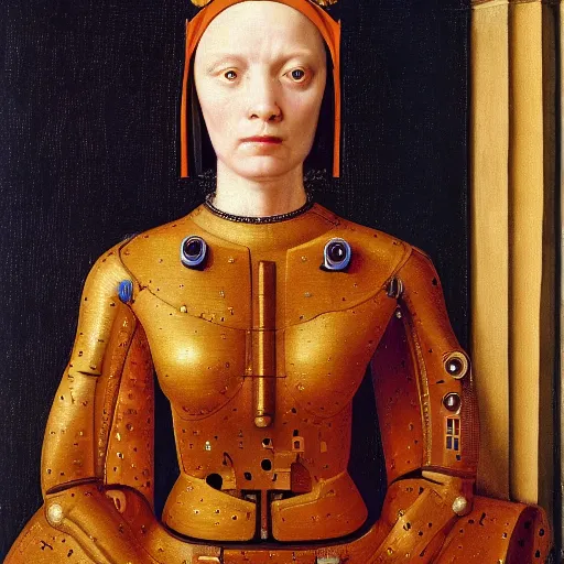 Prompt: a portrait of cyborg princess connected to a man-machine interface by Jan van Eyck, renaissance style