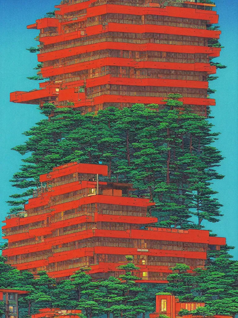 Image similar to a psychedelic hallucination of a brutalist hotel in the mountains, by kawase hasui, moebius, edward hopper, colorful flat surreal design, dramatic lighting, hd, 8 k, artstation