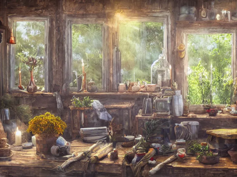 Image similar to expressive rustic oil painting, interior view of a cluttered herbalist cottage, waxy candles, wood furnishings, herbs hanging, light bloom, dust, ambient occlusion, morning, rays of light coming through windows, dim lighting, brush strokes oil painting