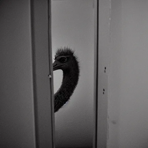 Prompt: grainy photo of an ostrich as a creepy monster in a closet, harsh flash