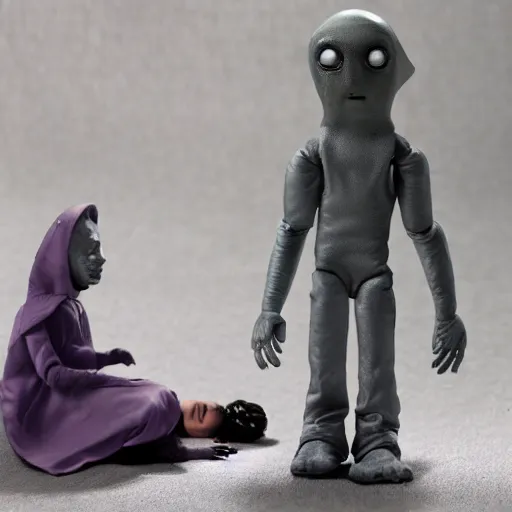 Prompt: grey alien kidnapping a child, detailed diorama, close up, bokeh