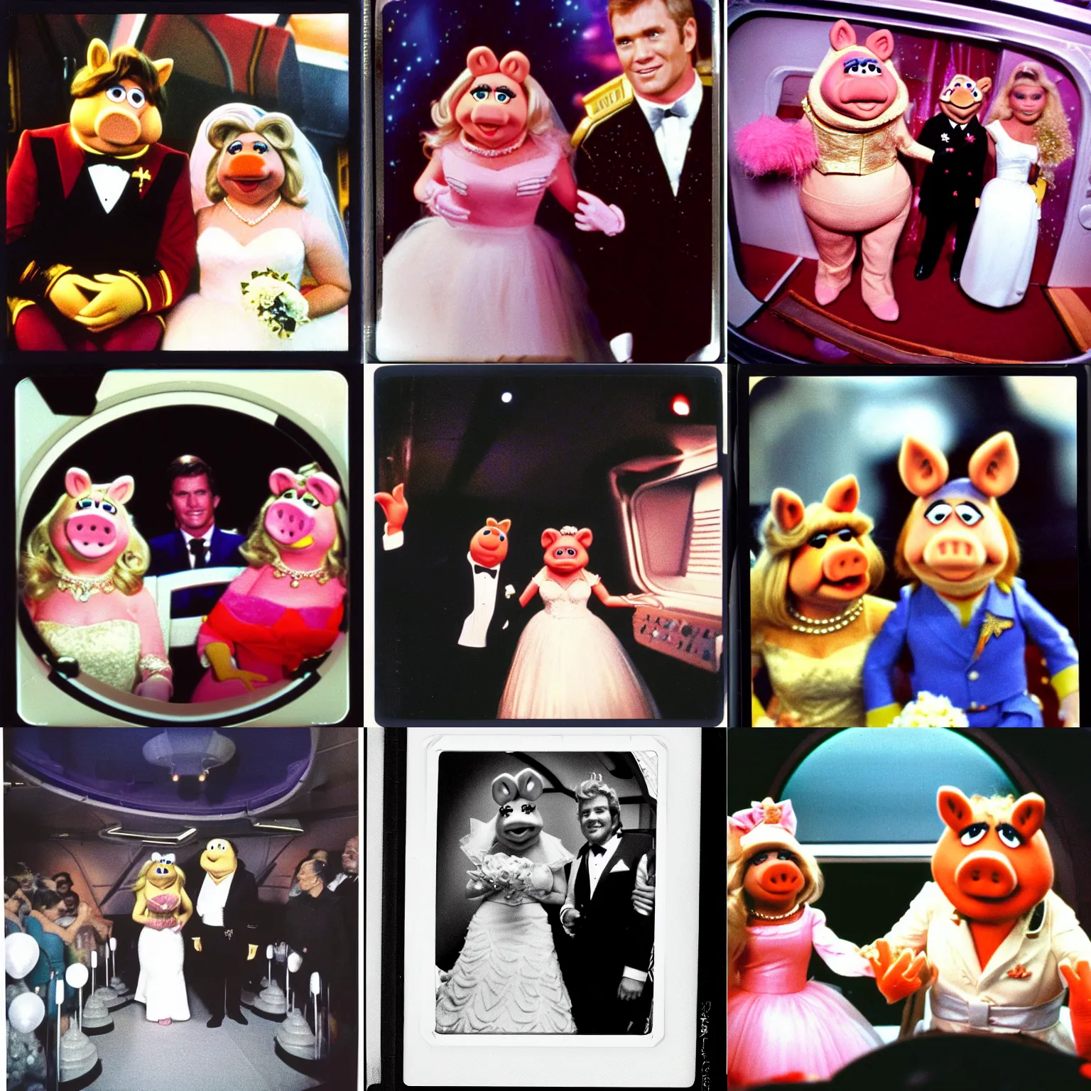 Prompt: the wedding of miss piggy and captain kirk aboard the starship enterprise, 1 9 8 0 s polaroid
