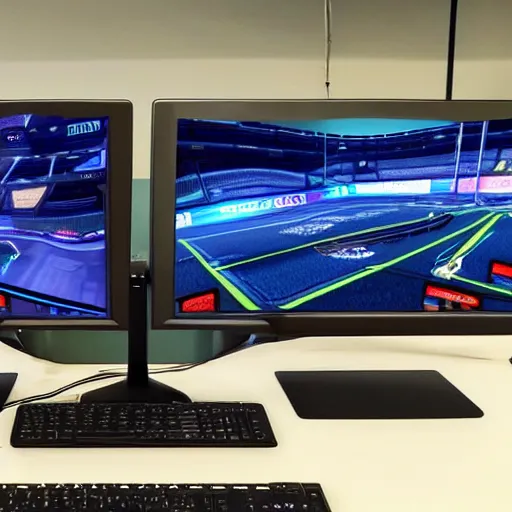 Prompt: instagram photo of 9 huge ultrawide monitors on a desk playing rocket league