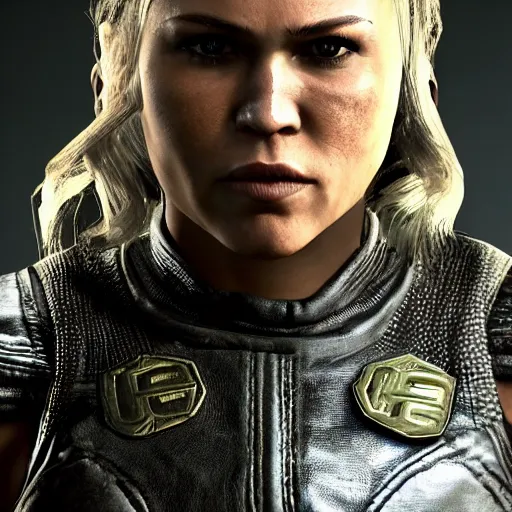 Image similar to character screenshot of ufc ronda rousey dc in skyrim, female armor, npc talking, wilderness, 1 0 8 0 p, bokeh, elder scrolls v, detailed, dialog text