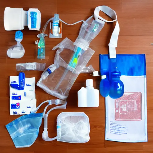 Image similar to saxophone made out of clear tubing, syringes, urine collection bag, iv pole, fluid bag, nebulizer equipment, bag - valve mask, defibrillator, coban