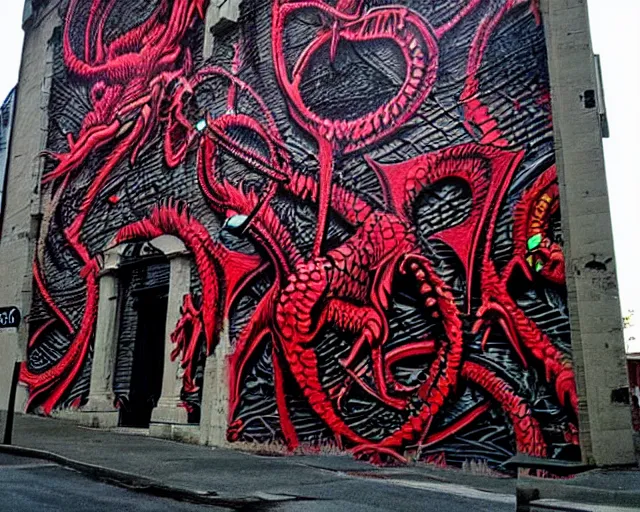 Image similar to 16k footage of a wall that has some lovecraftian graffiti on it inspired by wretched dragon rib cage. lovecraftian graffiti in red and black colors. the art is cursed and ecrusted with jewels.