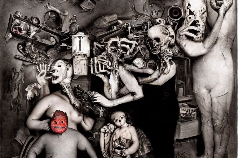 Prompt: cronenberg americana, joel peter witkin photo of 1 9 5 0 s suburban family, capitalist propaganda meets body horror, patriotic nihilism, annie liebovitz, bosch, disney, francis bacon, minimalist, beksinski, pixar